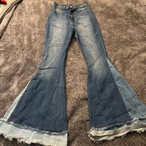 Fashion Nova Blue Flare Jeans with Frayed Hem